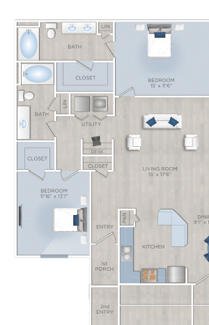 Riverwood with attached garage E floorplan Two Bedroom Apartment in Conroe, TX